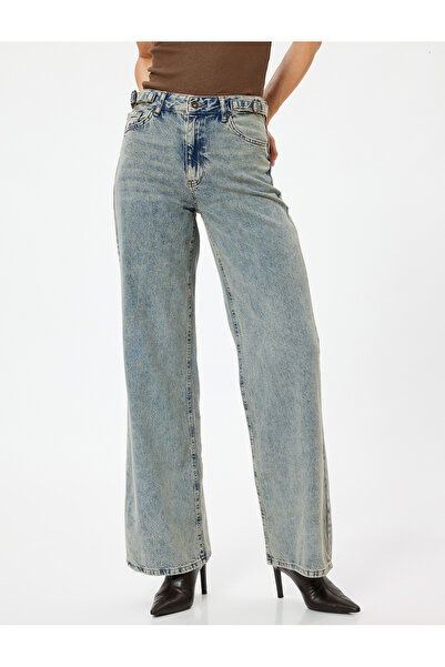 Koton Szabványos derék széles szárú farmer nadrág gombos zsebekkel, pamut - széles szárú farmernadrág