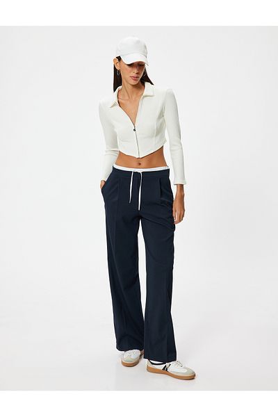 Koton Asymmetric Cut Zippered Slim Fit Crop Cardigan - Shirt Collar