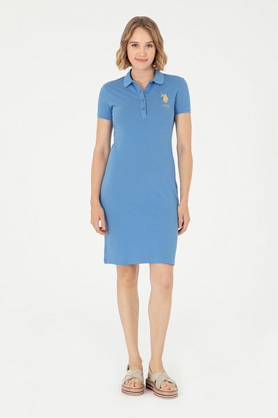 U.S. Polo Assn. Rochie tricotată pentru femei, albastru închis, cu gât polo, mărime mini 50280069-vr032