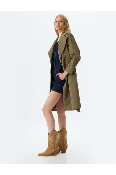 Koton Double Breasted Collar Buttoned Pocket Cotton Trench Coat