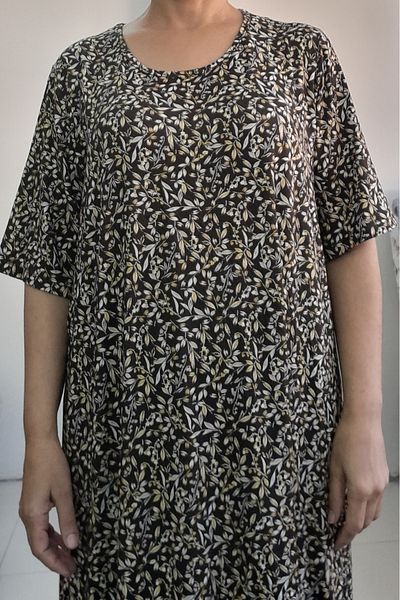Mertcan Butik Καφέ κίτρινο φλοράλ στάμπα κοντομάνικο χτενισμένο βαμβακερό φόρεμα βισκόζης