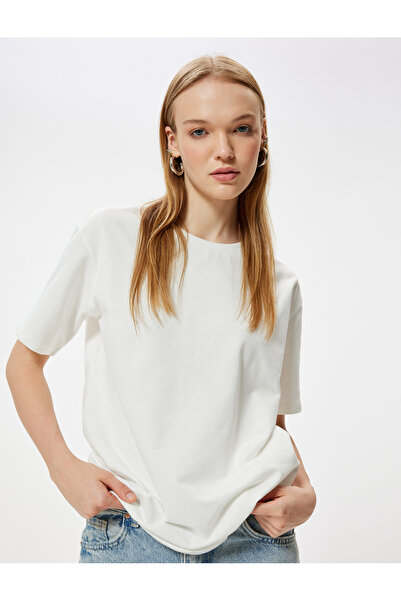 Koton Βαμβακερό κοντομάνικο μπλουζάκι με λαιμόκοψη