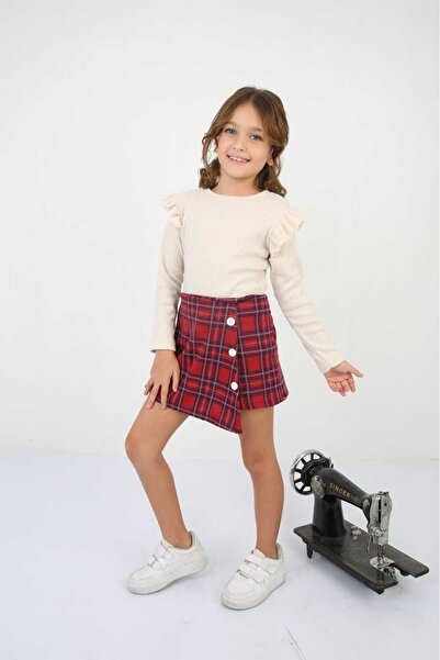 ayloş butik Yeni Sezon Kız Çoçuk Ekose Desenli Sort Etekli Alt Üst Takım