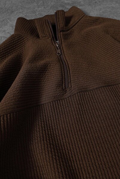 Slatra Men's Brown Half Zipper Ribbed Oversize Sweatshirt