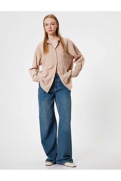 Koton Long Sleeve Oversize Textured Shirt - Classic Collar and Buttons