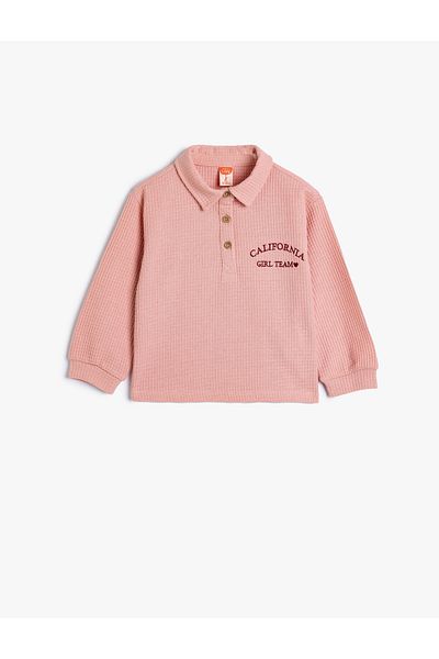 Koton Polo Neck Sweatshirt Embroidery Detail Long Sleeve Textured