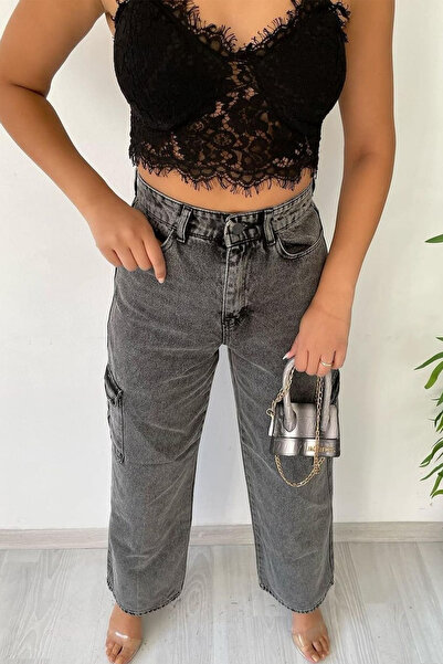 SB MİŞA Pantaloni Palazzo Jeans cu talie înaltă cu buzunar cargo