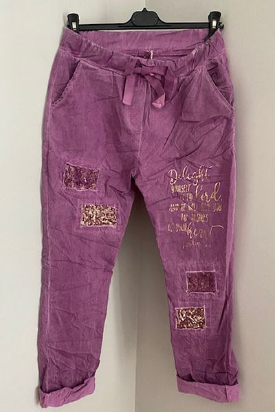 AYASOFYA OTANTIK Purple Sequined Laser Cut Patched Skinny Leg Women's Trousers - Italian Antique