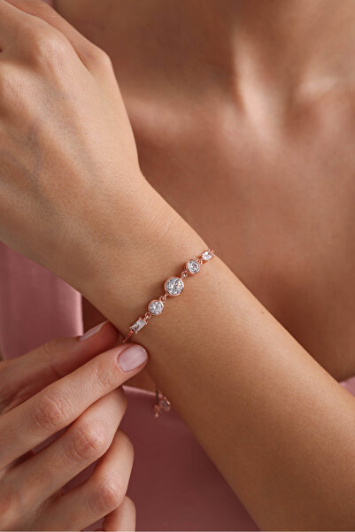 Nereze 925 Ayar Gümüş Rose Kaplama Ayarlanabilir Asansörlü Üçtaş Model Bileklik