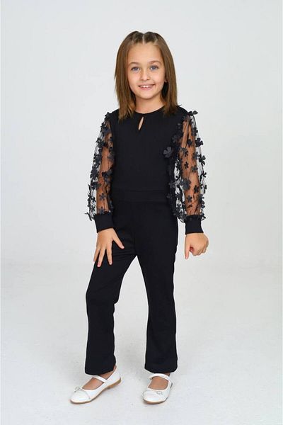 ARBİ kids Girl's Black Sleeve Floral Steel Interlock Fabric Jumpsuit