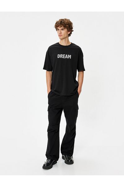 Koton Βαμβακερό μπλουζάκι Oversize - Σλόγκαν με στάμπα, λαιμόκοψη, κοντό μανίκι