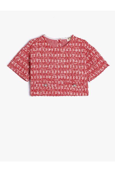 Koton Tweed Crop Blouse - Short Sleeve, Round Neck, Pocket and Button