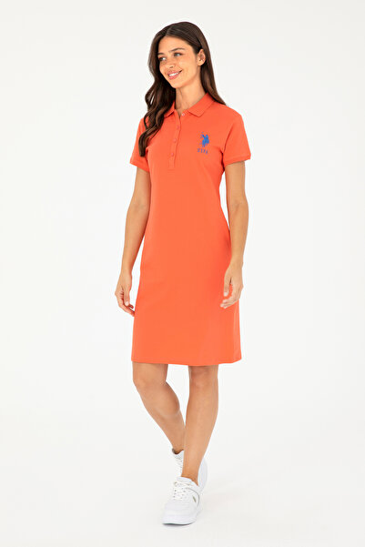 U.S. Polo Assn. فستان نسائي محبوك برقبة بولو على شكل زهرة الرمان مقاس صغير 50...