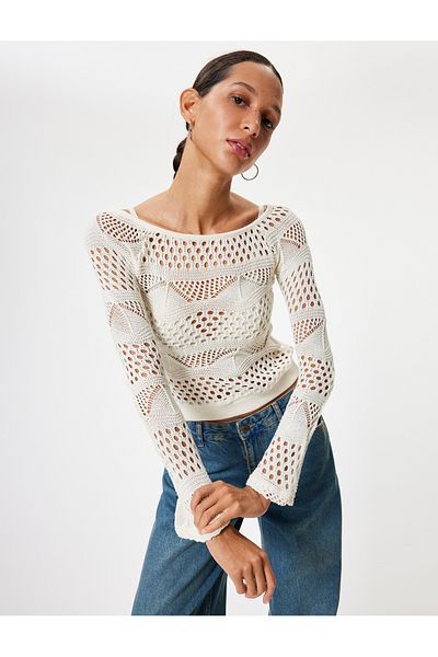 Koton Long Sleeve Viscose Boat Neck Crochet T-Shirt