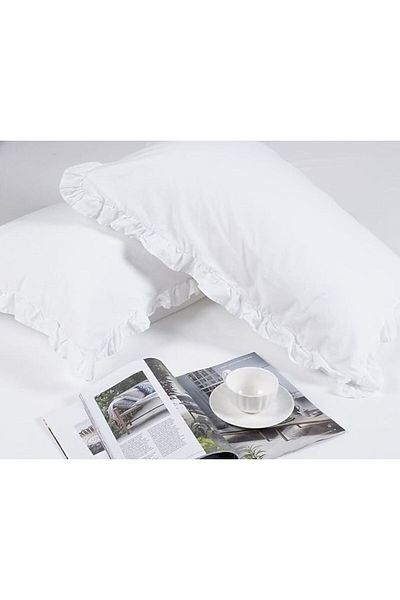 Erba kreasyon 2 Λευκές Λινές Μαξιλαροθήκες με βολάν - 50x70 cm