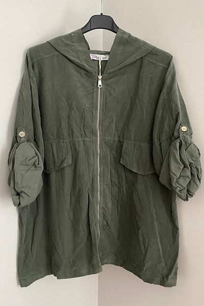 AYASOFYA OTANTIK Women's Italian Khaki Hooded Velvet Cardigan Jacket with Foldable Sleeves and Zipper Closure
