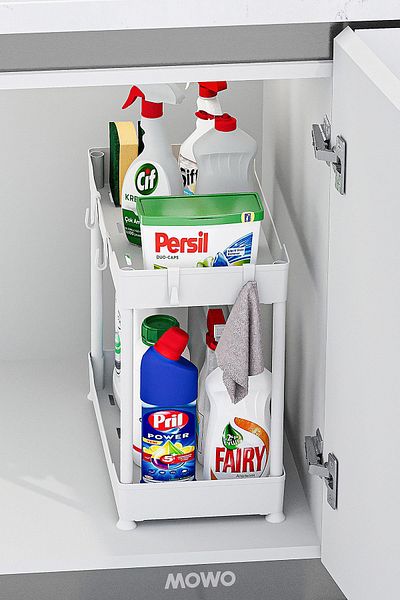 Mowo Home Λευκό 2 επιπέδων Organizer Ράφι κουζίνας Ράφι μπάνιου, Ντουλάπα κάτω από τον πάγκο κάτω από τον νεροχύτη
