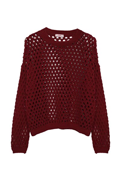 Quzu Openwork Detailed Perforated Thin Knitwear Claret Red Sweater