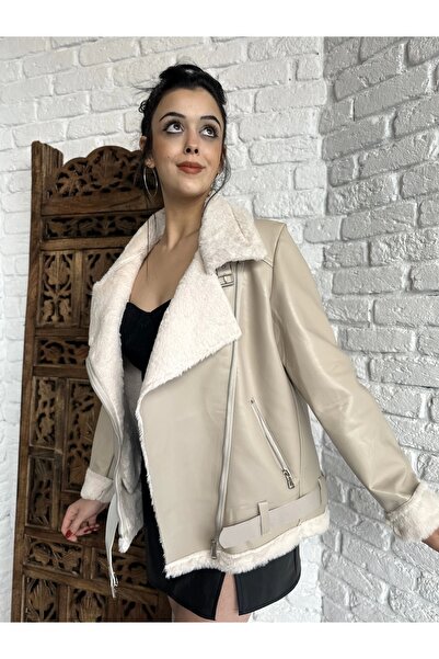 moneta boutique Γυναικείο παλτό Biker με ζώνη από συνθετικό δέρμα με πλήρη γούνα