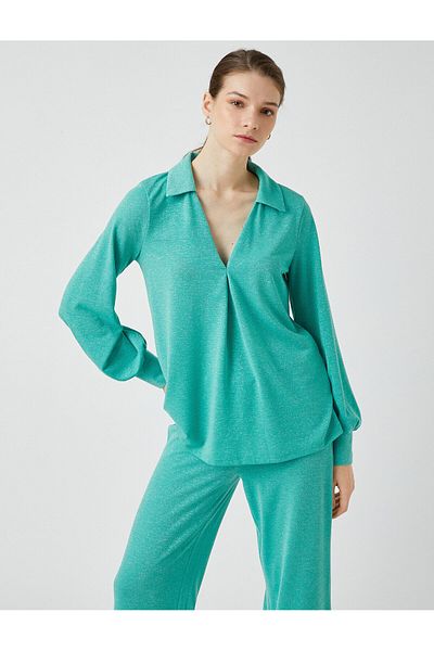 Koton Βραδινή μπλούζα με μακρυμάνικη λαιμόκοψη Polo Ασημί