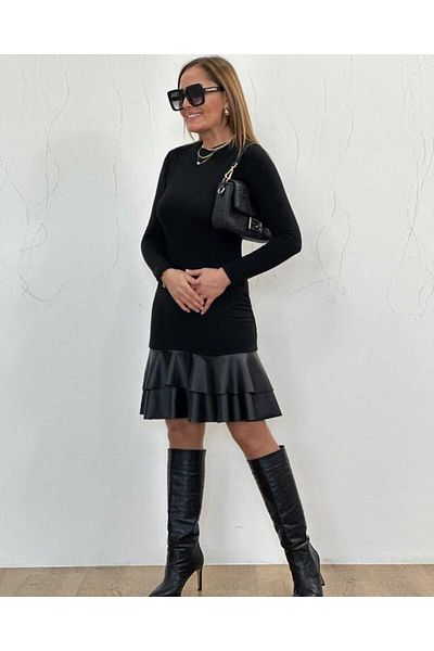 Viyamo Rochie midi elegantă din piele cu fustă din țesătură din viscoză cu mânecă lungă