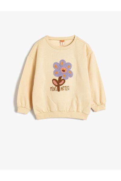 Koton Crew Neck Raised Cotton Sweatshirt - Floral Applique Detailed, Long Sleeve