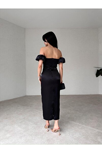 popibutik Straplez Kol Detaylı Yırtmaçlı Midi Boy Siyah Şifon Elbise