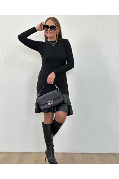 Viyamo Women's Long Sleeve Viscose Fabric Skirt Leather Stylish Midi Dress