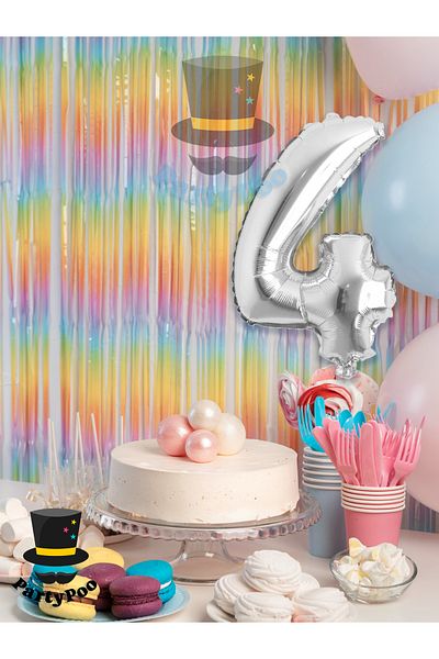 PartyPoo Foil Balloon 4 Number Helium Balloon 100 cm Silver Color - 4 Year Old Balloon - Birthday - 4 Number Balloon