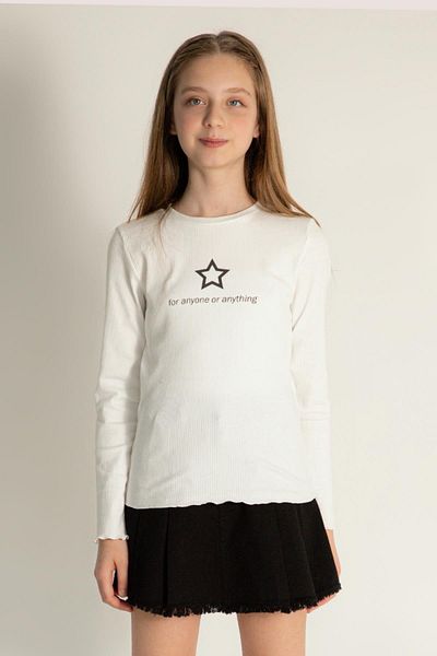 DMB KİDS Star Patterned Ribbed Girl's Badi - Ecru