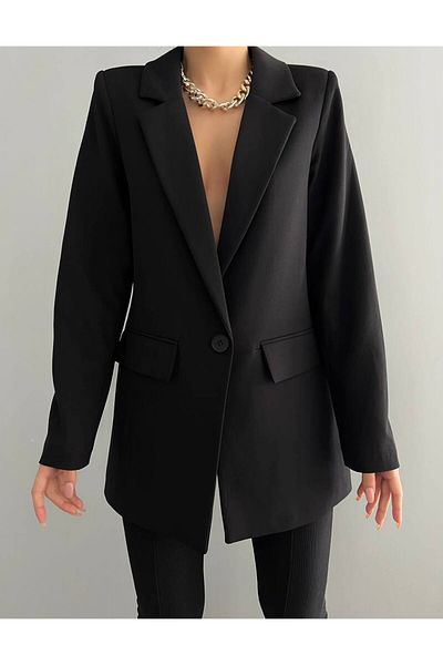popibutik Jachetă Blazer neagră cu un singur nasture Atlas Fabric