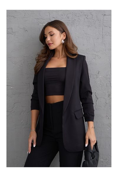 Elif Özbey Butik Jachetă neagră cu guler șal cu mâneci adunate