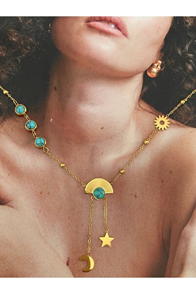 Pinery Jewels Firuze Taşlı Yelpaze Kararmaz Çelik Kadın Gold Kolye