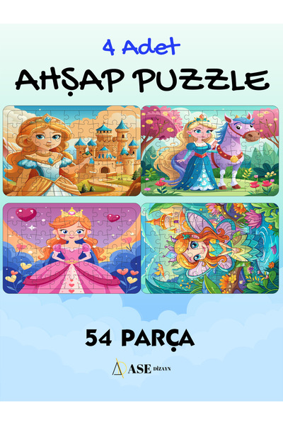 ASE DİZAYN ahşap çocuk puzzle yapboz 54 parça 4 adet prensesler