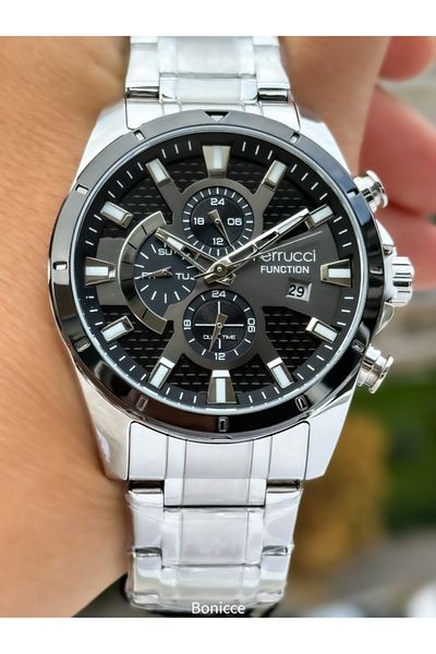 Ferrucci Brand Functions Active Silver Color Steel Cord Men's Wrist Watch + Rosary Bracelet