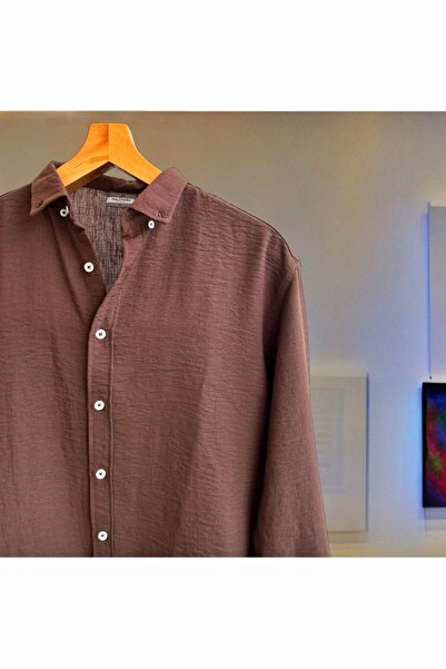 Hazhers Erkek Oversize Gömlek Yaka Uzun Kollu Keten Yazlık Gömlek