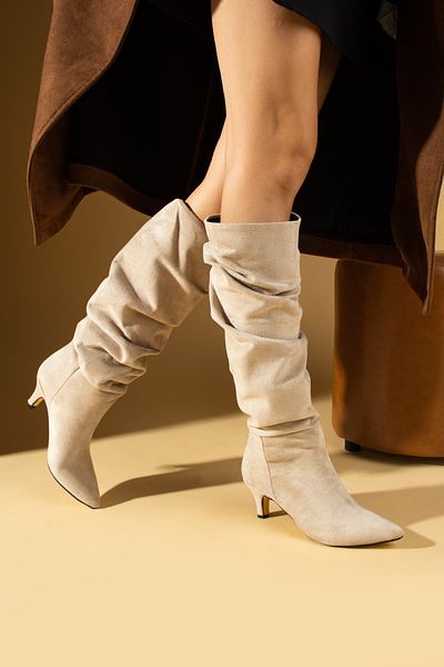 Pembe Potin Women's Beige Suede Heeled Drawstring Stylish Style Daily Comfortable Fit Boots