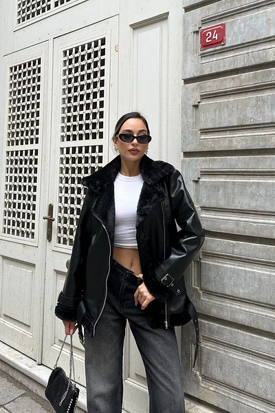 ASEDE Luxury Women's Coat - Premium Leather, Belt, Fur Inner Lining and Detail