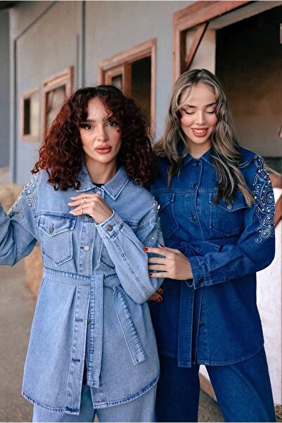 Moda Rosa 25K2283 - KOYU MAVİ - KOLLARI TAŞLI KOT TAKIM