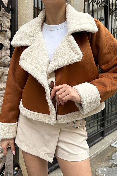 ASEDE Premium Imported Suede Plush Detail Fur Shawl Collar Short Coat Coat