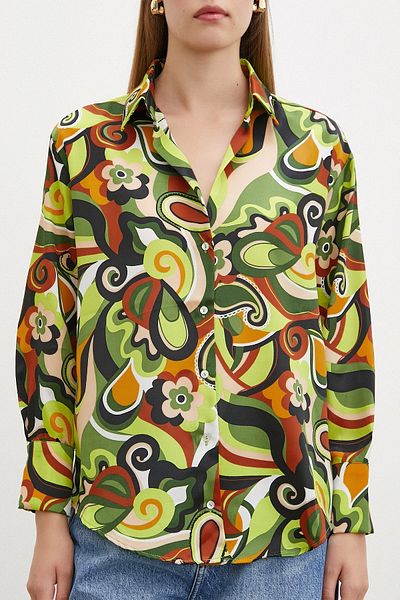 Never more Green Satin Shirt - Marbled Patterned