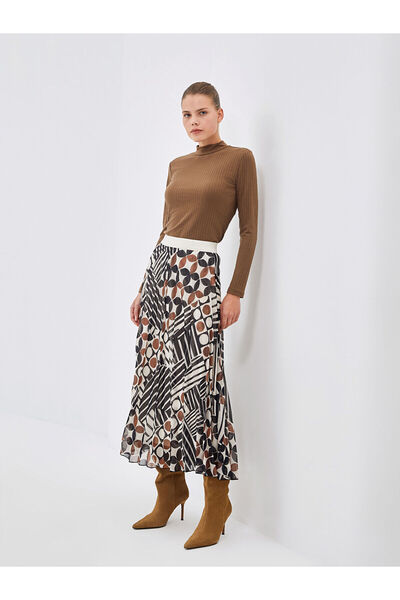 LC Waikiki Mg Trend'En Brown Patterned Pleated Women's Skirt with Elastic Waist