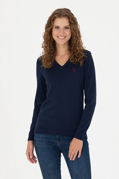 U.S. Polo Assn. Pulover de bază de damă bleumarin cu decolteu în V 50276570 -VR033