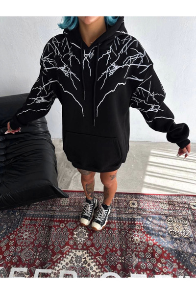 buğrahayalin    Lightning Printed Hooded Sweatshirt - Black