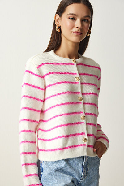 Lovelyİstanbul Gold Buttoned Striped Knitwear Cardigan Bone Pink Lpf0003