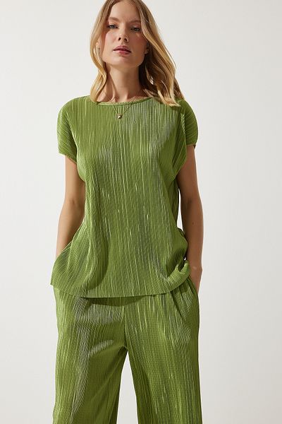 Lovelyİstanbul Pilistic Green Pleated Blouse and Trousers Set - Lmc0017