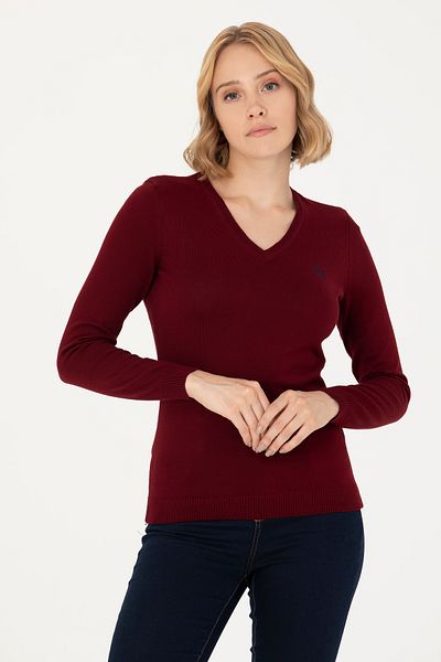 U.S. Polo Assn. Claret Red V-neck Women's Sweater - Basic Model 50276570 -vr014