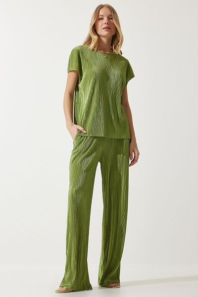 Lovelyİstanbul Pilistic Green Pleated Blouse and Trousers Set - Lmc0017