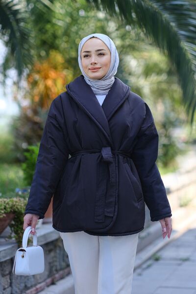 LOCCO Μαύρο φουσκωτό παλτό - Γυναικείο, με ζώνη