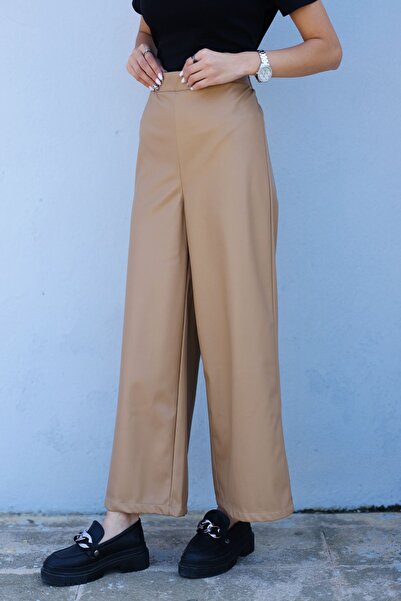 LOCCO Дамски кожени широки панталони в цвят норка